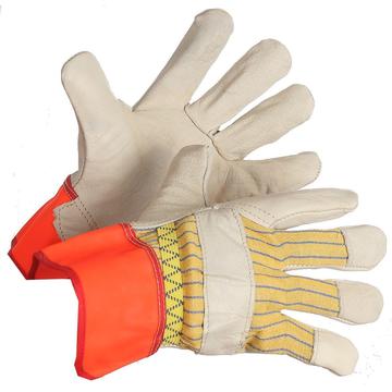 grain leather work glove with fluorescent cuff outside