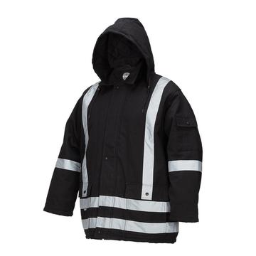 winter lined black cotton canvas parka with reflective